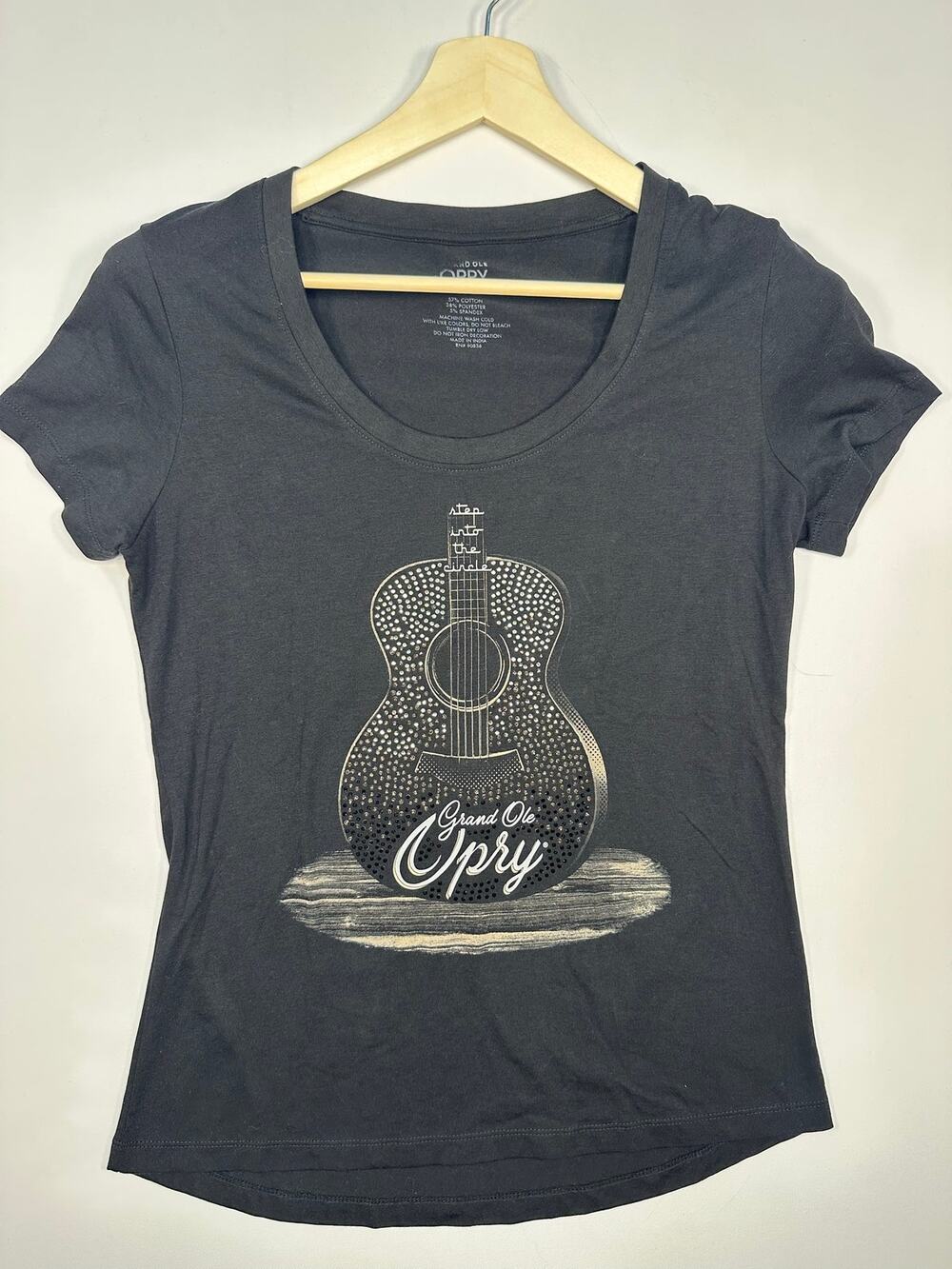 Grand Ole Opry Black Scoop Neck Tee with Rhinestone Guitar Design Size Small